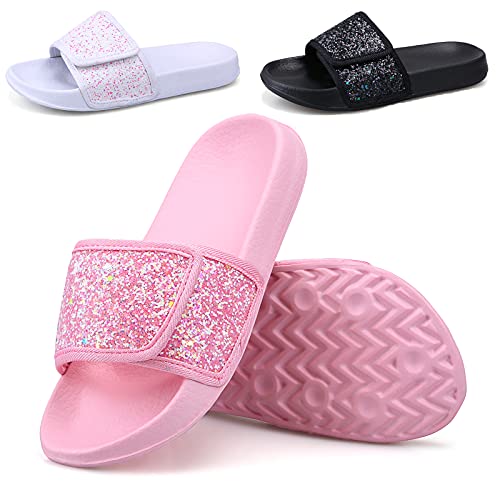 ydscsci Girls Slide Sandals Glitter Sequins Pool Sliders Kids Shower Slippers Beach Flip Flops Hook and Loop Non-slip Thick sole Big Kid Pink Size 3.5 4