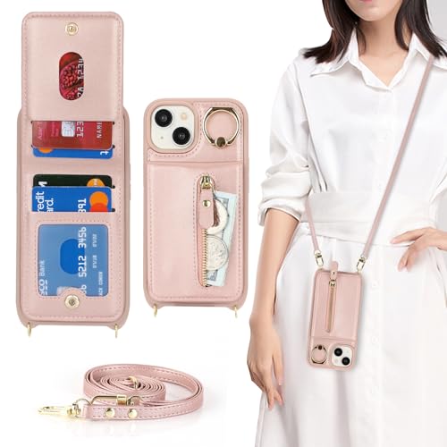 DEYHU for iPhone 15 Wallet Case with Card Holder, for iPhone 15 Case Wallet with Strap Credit Card Slot, Crossbody Bag with Zipper Case for iPhone15 - Rose Gold