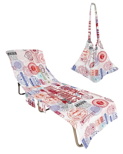 Valentine's Day Beach Lounge Chair Towel Cover, Soft Chaise Lounge Towel with Side Pockets Patio Pool Chairs Cover for Beach/Pool Sunbathing 29x85 Retro Stamps Colorful Love Heart