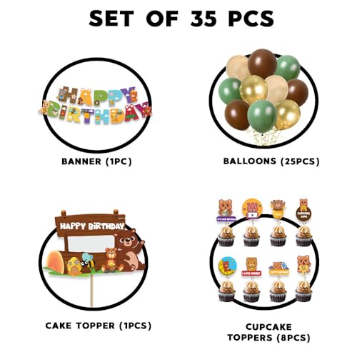 Image of Festiko Set of 35 Pcs Bear Theme Happy Birthday Combo (Banner, Balloons, Cake & Cupcake Toppers), Bear theme birthday decorations