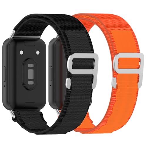 YOFUNTLE [2 Pack] Nylon Straps Compatible for Samsung Galaxy Fit 3 Bands, Men Women Alpine Loop Adjustable Metal C-Hook Sport Strap for Galaxy Fit3 Smartwatch (Black+Orange)