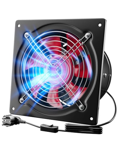 Hon&Guan Ventilador extractor de 250 mm con interruptor, 1680 m³/h, ventilador de pared industrial con válvula de retorno, ventilador de baño con enchufe de la UE para garaje, taller, almacén y ático