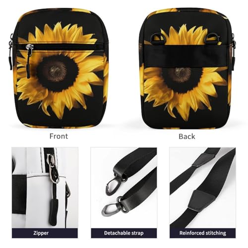 Personalized Small Crossbody Bag Water Resistant Messenger Bags Mini Sunflower on Black Background Printing SlingBag For Men Women3
