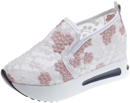 Women's Floral Embroidered Platform Wedge Sneakers, Mesh Slip-On Shoes (Light Pink-b,5.5) - 5