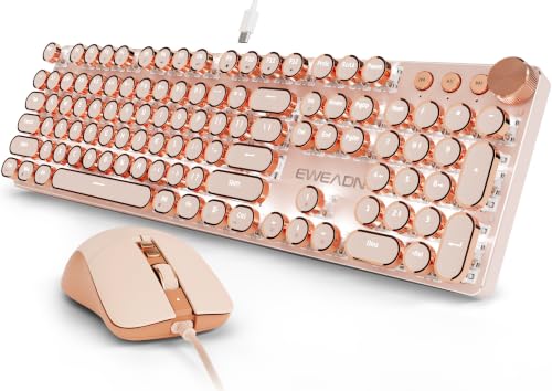 Image of EWEADN Wired Typewriter keyboard and Mouse Combo, Typewriter Style Mechanical Gaming Keyboard,104 Keys Backlit LED Keyboards, Media Control Knob, Wired Keyboard Pink Switch for Windows /Mac /PC-Pink