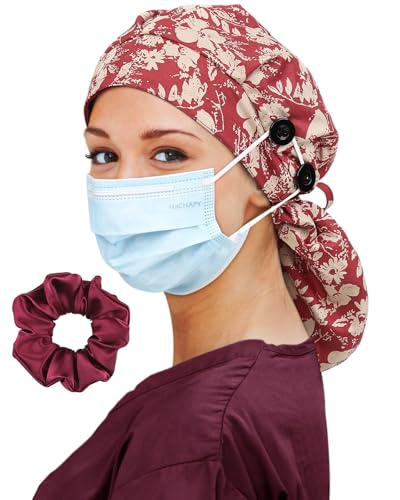 Image of Satin Lined Scrub Cap for Women Extra Large Long Hair Surgical Nurse Cap 4 Buttons