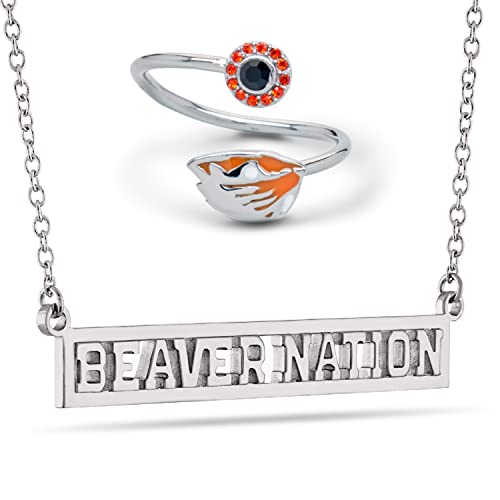 Oregon State Beavers Jewelry Set - Oregon State BEAVER NATION Necklace and Crystal Ring Set - Hypoallergenic Stainless Steel Jewelry - Oregon State Gifts and Game Day Gear