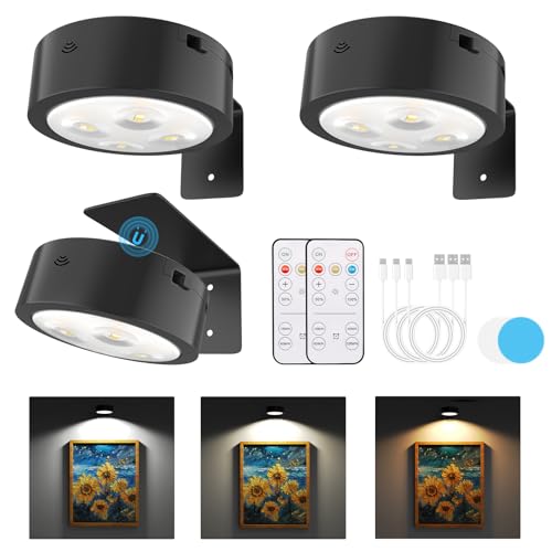 Narotood Picture Lights for Wall, Rechargeable Battery Magnetic Poster Lights with 3 Color Temps, Remote and Dimmable Timer Art Display Light for Picture Artworking Frame Portrait (3-Pack) by Narotood - Used condition - US$18.39