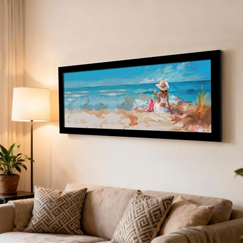 Image of PAINTINGMANTRA Girl Enjoying on Beach Summer Vacation Wall Art Framed Luxury Paintings for Home Decoration, Living room, Bedroom and Office Decoration (99x38 CM)