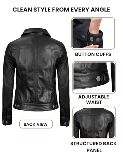 Image of Decrum Trucker Leather Jacket Women - Button Closure Vintage Style Real Lambskin Womens Leather Jacket