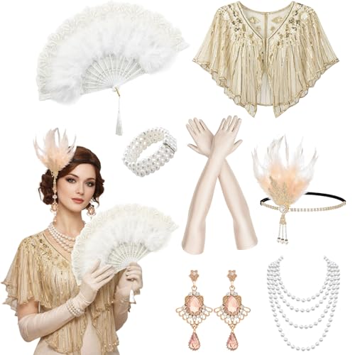 GWAWG Accessoire Année 20 Femme,Great Gatsby Accessoires Set?Charleston Accessoires Femme pour Mascarade Noël Mardi Gras Halloween (champagne gold)