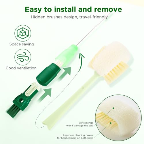 Image of OUTXE 6 Pack Bottle Brush Set, 5-in-1 Water Bottle Cleaner Brush, 14 inch Long Handle Bottle Cleaning Brush, 3 Straw Brush, Removable Nipple Detail Brush for Cup Lid Gap, with Replecement Sponge