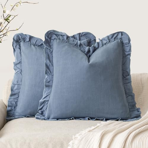 Image of Foindtower Set of 2 Decorative Linen Fringe Ruffle Throw Pillow Covers Soft Boho Farmhouse Cushion Cover Cozy Accent Retro Pillowcase for Couch Sofa Bed Living Room Home Decor,18x18 Inch,Coronet Blue
