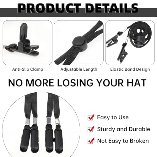 Molain 5 Stück Verstellbare Hutbandclips, Elastische Hüte Abnehmbares Kinnband, Winddichte Hutschnurclips Anti-Verlust-Mützenbandclips für Golfen Bootfahren Angeln Hut Outdoor(schwarz)