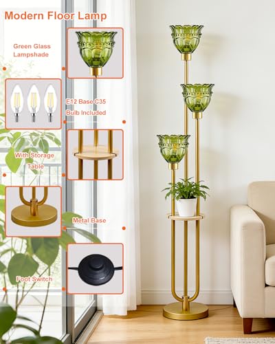 Image of Lightdot 3-Lights Glass Floor Lamp for Living Room Modern Gold Floor Lamp with Green Glass Shade 3000K Bulbs Included Tall Standing Lamp with 5Lb Heavy Base for Bedroom /Sofa Corner Decor-Foot Switch