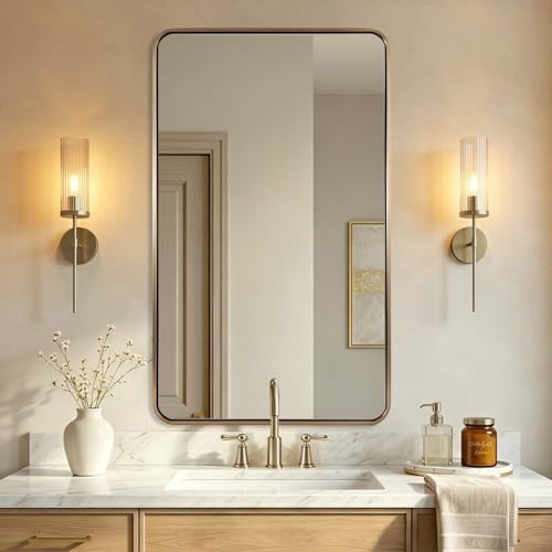 Image of ANDY STAR 24x40'' Brushed Champagne Bronze Bathroom Mirror, Rounded Rectangle Vanity Mirrors for Bathroom, Beautiful Oblong Mirrors for Over Sinks in 1'' Rustproof Tube Metal Framed Wall Mounted