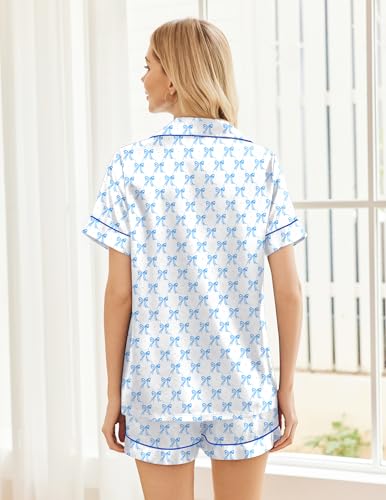 Image of Ekouaer Womens Silk Satin Pajama Sets Soft Short Sleeve Button Down Sleepwear Top and Shorts 2 Piece Pjs Lounge Set