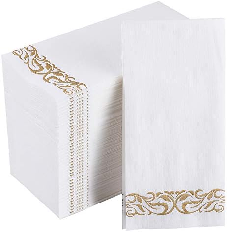 [200 Pack] Disposable Guest Towels Soft and Absorbent Linen-Feel Paper Hand Towels Durable Decorative Bathroom Hand Napkins for Kitchen,Parties,Weddings,Dinners or Events,White and Gold