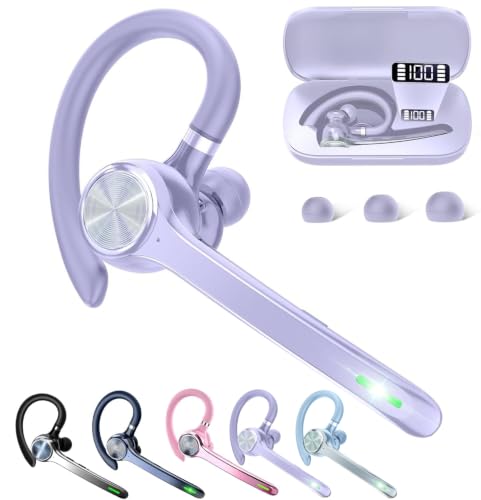 Image of HEIBAS Bluetooth Headset, Wireless Earpiece with Mic for Work | 72H Playtime, 500mAh Charging Case, Hands-Free Calling with Mute Button for Work, Trucker, Office, Driving, Lilac Purple