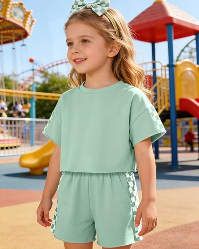 Image of SANMIO Toddler Girl Clothes Summer 3 Piece Outfits Cute | Short Sleeves Checkered Tops Shorts and Headband Girls Clothing Set