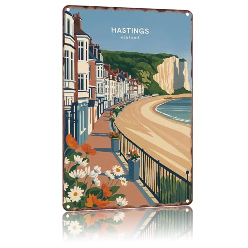 UTINDK Hastings England Vintage Poster Home Decor Countries City Attraction Travel Scenery,For Living Room, Bedroom, Office, Restaurant,Metal Sign Wall Art Gift 8 X 12 Inch