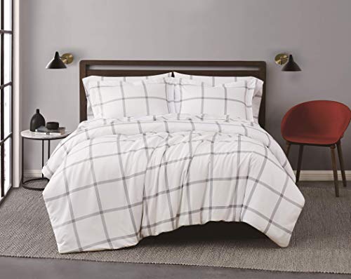 Truly Soft Everyday King 3-Piece Microfiber Comforter + Sham Set - Printed Windowpane Collection - White/Grey #TOP18