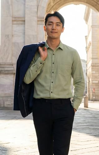 Image of Men's Long Sleeve Dress Shirt,Olive Green, Button Down, Chest Pocket, Casual Formal Wear
