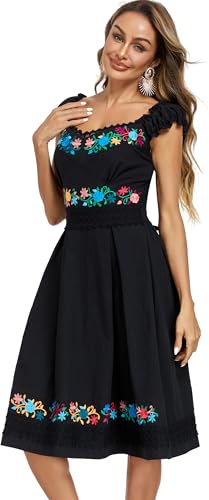 YZXDORWJ Mexican Dress for Women Embroidered Off Shoulder Peasant Cotton Dress Boho Outfit4