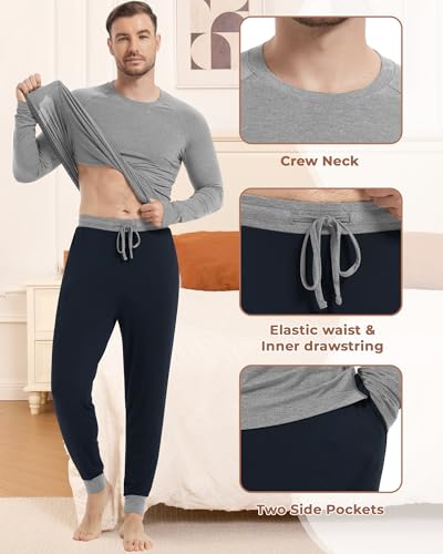 Image of NACHILA Mens Pajamas Set Long Sleeve Henley Sleepwear Top Soft Jogger Pants Pajamas Cool Pjs Set,Viscose Made from Bamboo