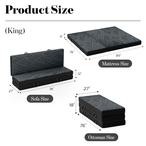Image of Vamcheer Folding Mattress King Size Foldable Mattress 6 inch 80 inchx76 inchx6 inch | Tri Folding Mattress Trifold Memory Foam Mattress with Washable Cover, Handle & Non-Slip Bottom for Travel Camping Guest Room
