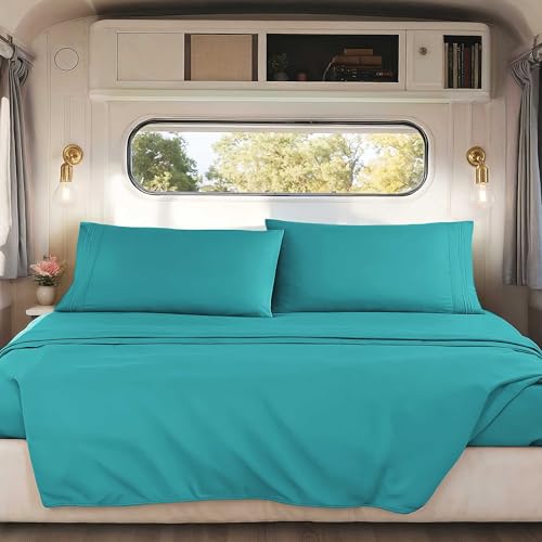 Image of Nestl Teal Short Queen Sheets for RV, Hotel Luxury RV Queen Sheets Set, 4 Piece Fitted Bed Sheet Set and Pillowcases, Super Soft, Wrinkle-Free, and Breathable Camper Bedding