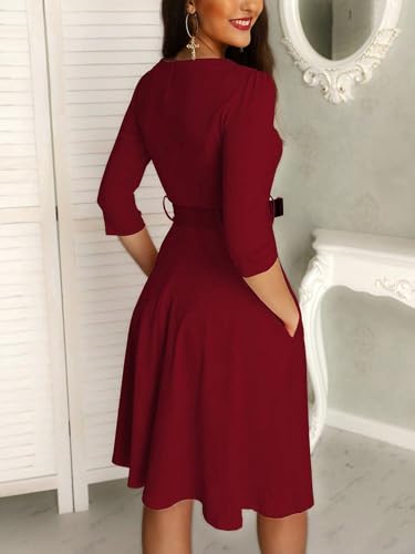 SISKIN Women's 3/4 Sleeve Belted A Line with Pocket Casual Crewneck Waist Swing Dress for Women 20254