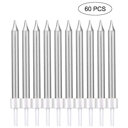 60 PCS Candele Torta di Compleanno Lunghe Metalliche Sottile Metallico nei Titolari Cupcake Breve Sottile Candele per La Festa di Compleanno Decorazione della Torta Forniture - Argento