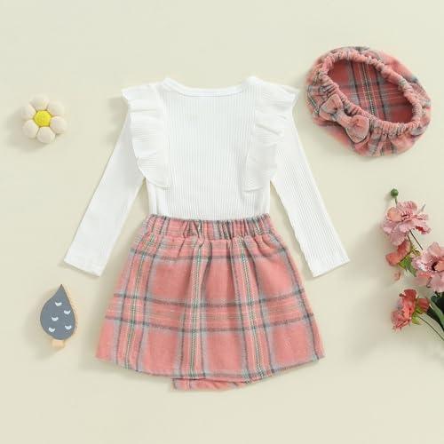 Madjtlqy Toddler Baby Girl Clothes Fall Winter Outfit Ruffle Sleeve Tops + Plaid Skirt + Hat 12 18 24 Months 2t 3t 4t3