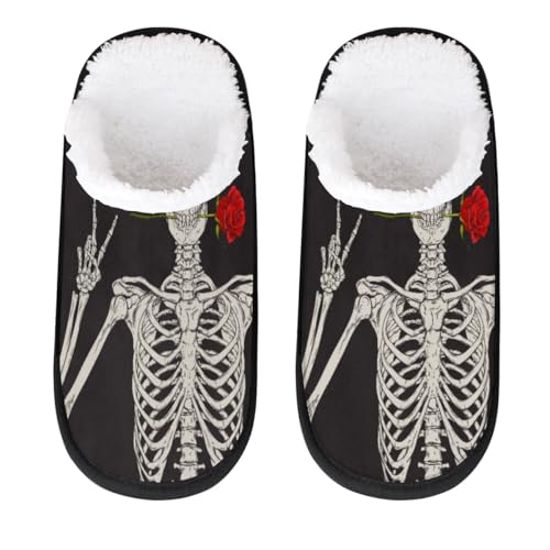 Hsnar Rose Skeleton Boho Hippie Non Slip House Slippers for Women Indoor Slippers for Men Soft House Shoes Spa Slippers, M