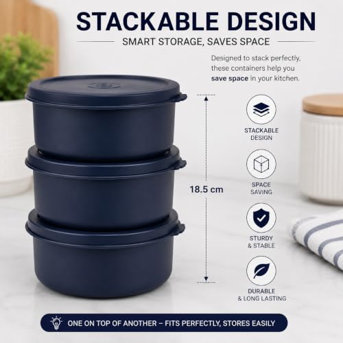 Image of Stainless Steel Food Storage Container Set 400 ml | Microwave Safe & Dishwasher Safe Lunch Bowl with Airtight Lid | Leak-Resistant Steel Container for Kitchen, Office & Travel (dark blue, set of 3)