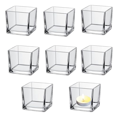 Teelichthalter Set 8 Stück Kerzenhalter Glas, Teelichtgläser 5.2cm Kerzenglas für Hochzeiten, Geburtstage, Kürbislaternen, Quadratische Transparente Kleine Glaskerzenhalter, Kerzenglas
