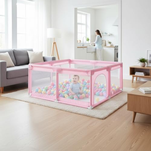 Image of ShivAnanta Baby Playpen for Home Indoor Kids Safety Play Fence with 30 Balls Mesh Play Area for 2+ Toddler Activity Zone Portable Baby Play Yard Anti Slip Child Play Space for Crawling Babies Secure Enclosure (Pink)