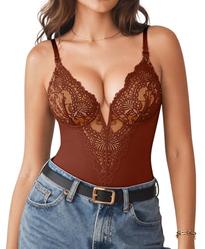 Popilush Bodysuit Shapewear Lace Body Suits Women Tummy Control V Neck Sleeveless Tops Low Back Bodysuits