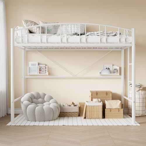 Garvee Loft Bed Twin Size with Ladde and Arched Guardrail, Heavy Duty Metal Loft Bed Frame for Kids and Adults, Sturdy Steel Slats Support, Small Space Saving Design, No Box Spring Needed, White