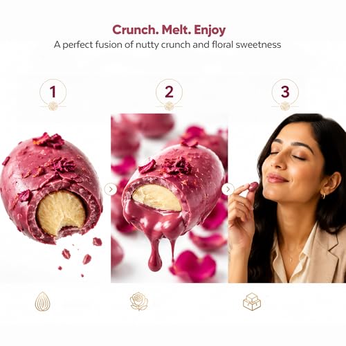 Image of DRIYOZ Rosy Crunch Rose Flavour Chocolate Coated Almonds 250g | Premium Crunchy Badam with Floral Chocolate Granules | Gourmet Sweet Nut Snack for Gifting & Celebrations