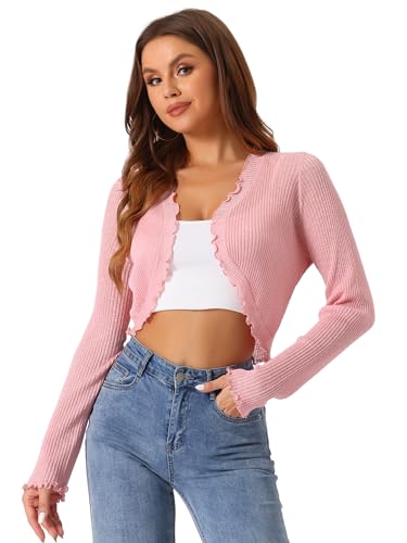 Image of Allegra K Women's Spring Crop Shrug Ruffle Trim Long Sleeve Knit Open Front Casual Bolero Cardigan