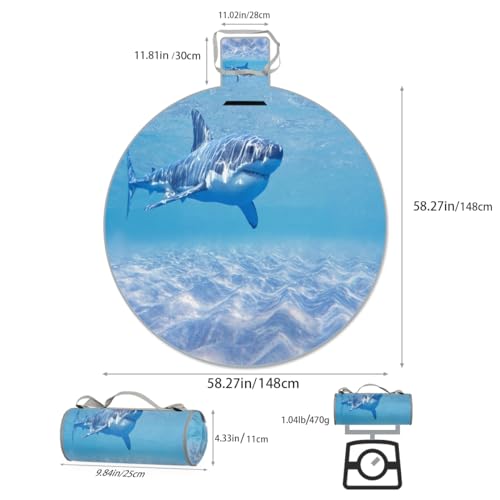 Shimoshe Ocean Sea Animal Shark Picnic Outdoor Blanket Foldable Waterproof Sandproof Beach Blanket Portable Water-Resistant Round Picnic Mat for Travel Camping Park Lawn