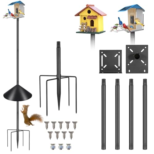 Proerr Smart Bird Feeder Pole Stand 79In,Adjustable Height Metal Bird House Pole for Outdoor Garden with Multiple Mounting Options (Black, Round Squirrel Baffle - High 79in)