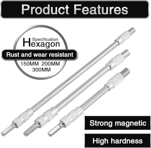 Miniatura 3 de Hohxen Juego De 3 Barras De Extensión Flexibles - 150mm 200mm 300mm, Vástago Hexagonal De 6,35mm 1 4 Pulgada Con Destornillador Magnético Multiusos Para Callejones Sin Salida Y Espacios Reducidos
