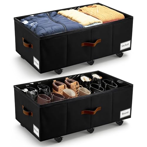 Image of Under Bed Storage with Wheels,Underbed Storage with Sturdy Sidewalls /Bottom, Clear Cover, Label and PU Handle, Rolling Under Bed Drawers for Clothes, Shoes, 11 Inch Height,Black, 2 Pack