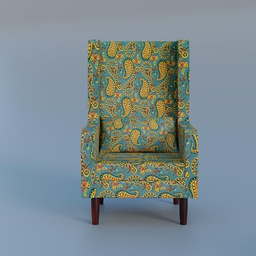 Image of Wooden Wing Chair with Ottoman Stool | Wingback for Living Room | High Density Foam | Accent Chair for Seating, Home Decor Furniture | (Peacock Paisley, with Ottoman)