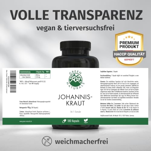 Green Naturals® Johanniskraut Kapseln - Hochdosiert: 14:1 Extrakt (=5950mg reines Johanniskraut) - 2.55mg Hypericin - 180 Stück (3 Monate)