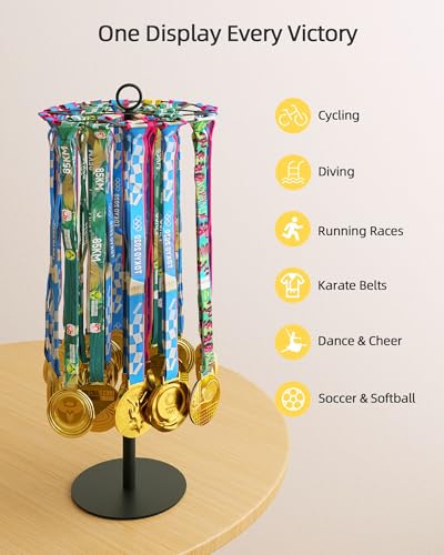 Image of Rotatable Medal Hanger Display - Adjustable Medal Honor Display - Desktop Metal Medal Holder for Running, Sports, Taekwondo, Awards - Ribbon-Safe Hook, 40+ Medals