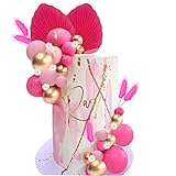 Flower Cake Topper Gold Palm Leaves Balls Cake Decoration for Baby Shower Birthday Party (Hot Pink)